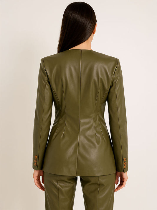 V‑Neck Slim Faux Leather Blazer Coat