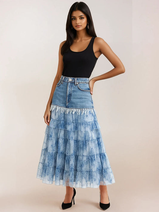 Layered Mesh-Stitch Tiered Denim Maxi Skirt | Edgy Street Style S–XL