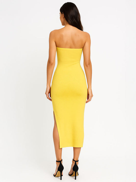 Off‑Shoulder Tube Top Midi Dress with Side Slit