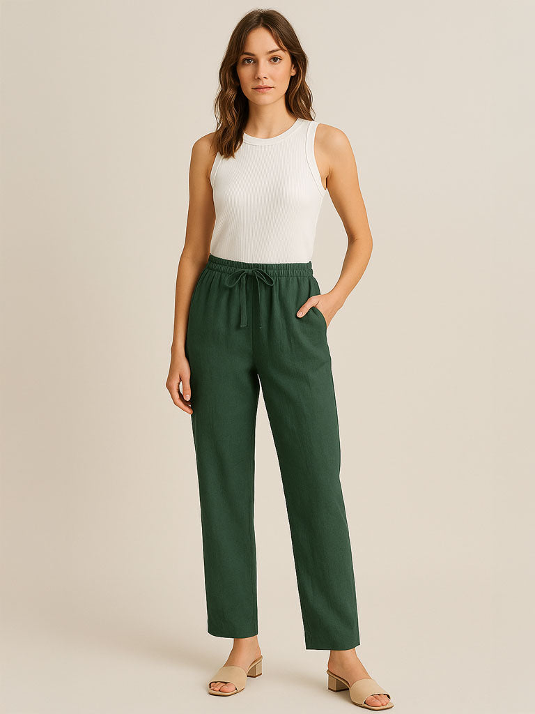 Cotton-Linen Elastic-Waist Wide-Leg Trousers