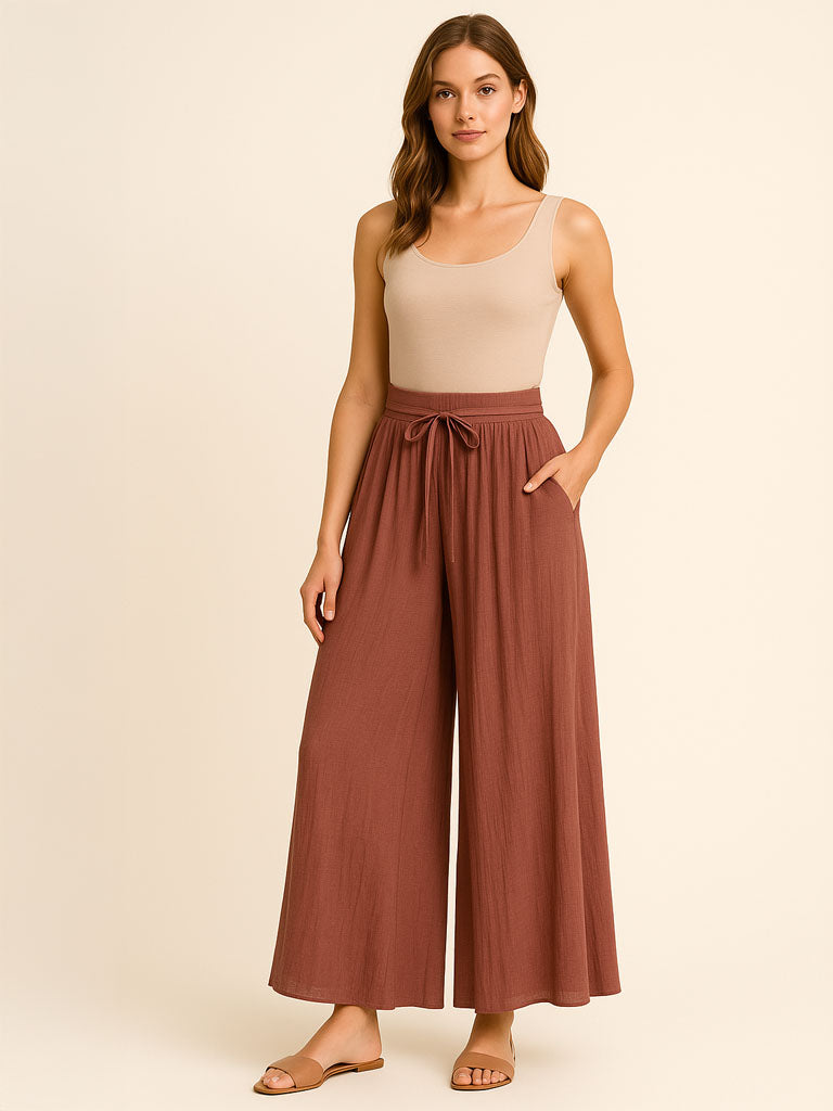 High‑Waist Wide‑Leg Chiffon Palazzo Pants