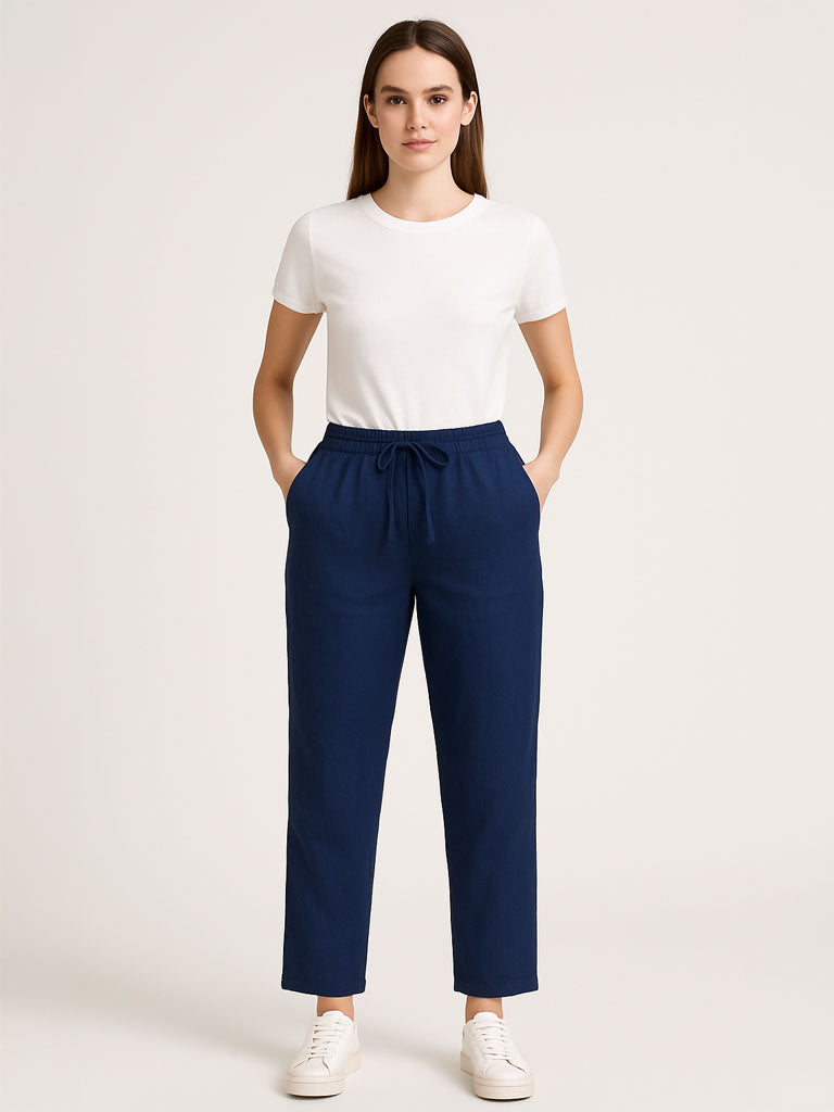 Cotton-Linen Elastic-Waist Wide-Leg Trousers
