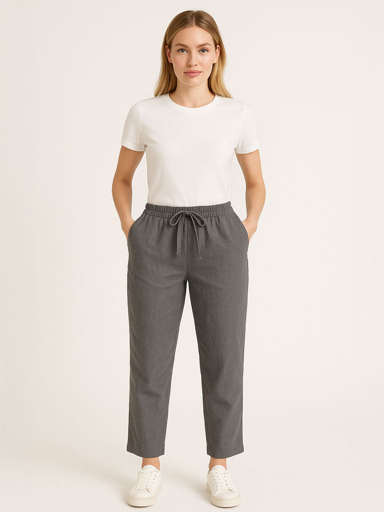 Cotton-Linen Elastic-Waist Wide-Leg Trousers