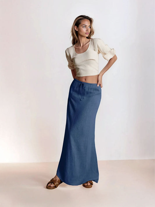 Solid Color Elastic Waist Maxi Skirt | Cotton A-Line