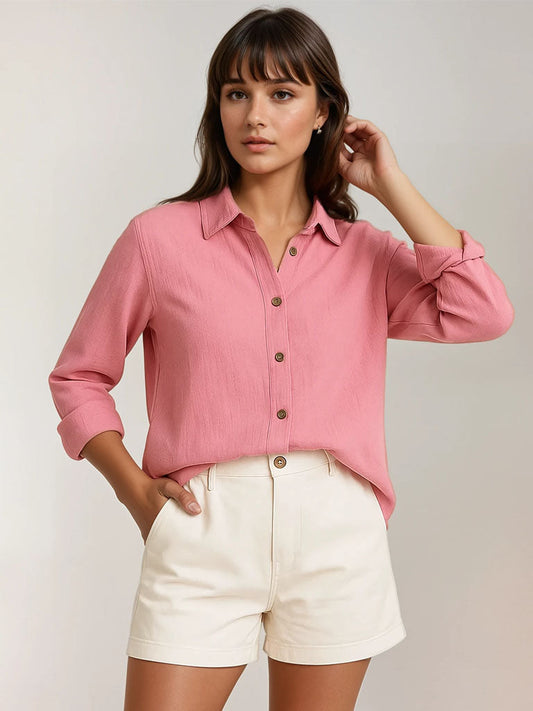 Womens Casual Long Sleeve Button-Down Top – Lightweight Pleated Design