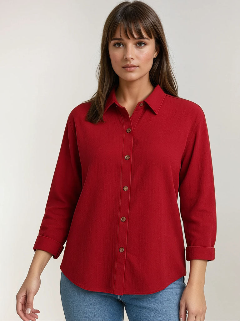 Womens Casual Long Sleeve Button-Down Top – Lightweight Pleated Design