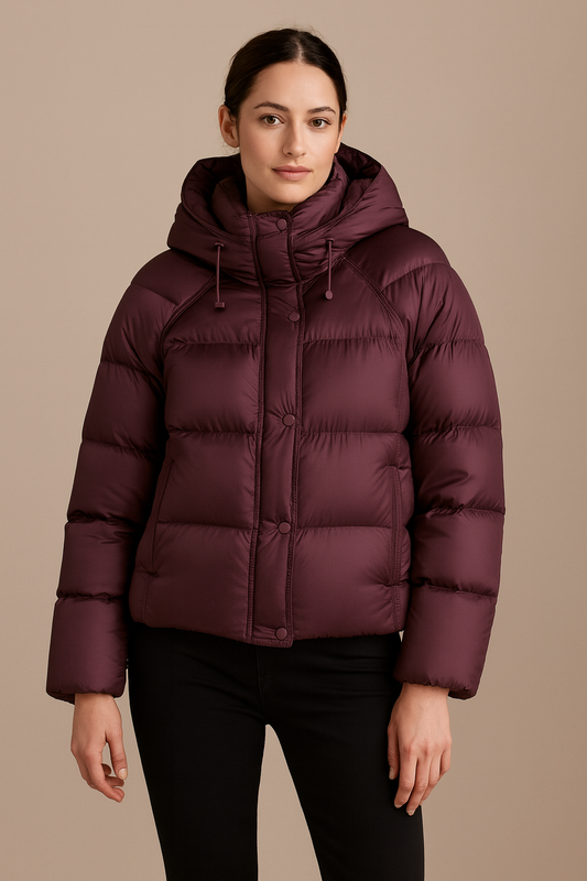 Woman wearing Plum Orchid Chalet Puff Down Jacket
