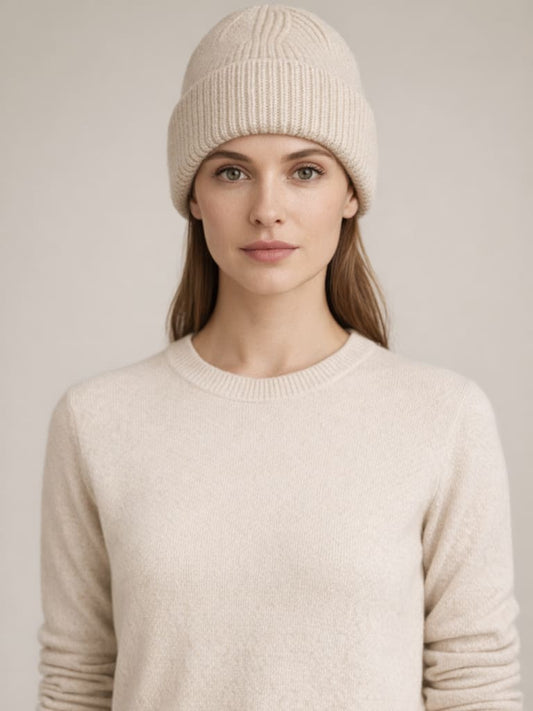 Woman wearing Oatmilk Beige Kyoto Fleece Dome Hat