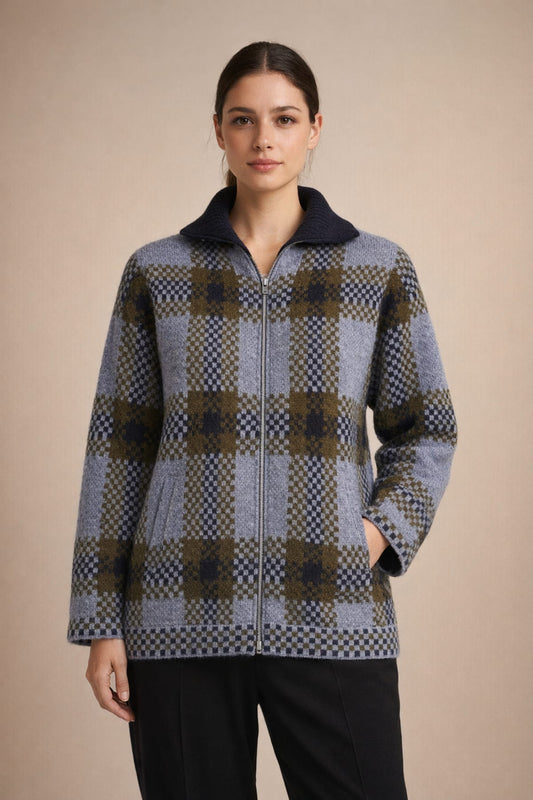 Woman wearing Oxford Blue Highland Plaid Zip Cardigan