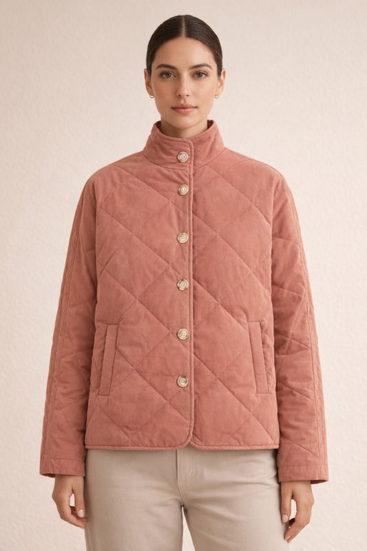 Woman wearing Olive Mist Diamond Quilted Puffer Jacket