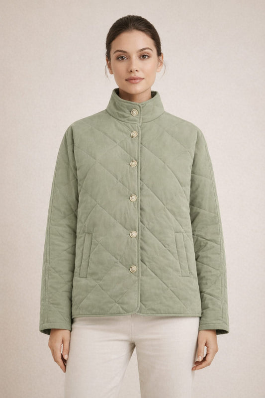 Woman wearing Olive Mist Diamond Quilted Puffer Jacket