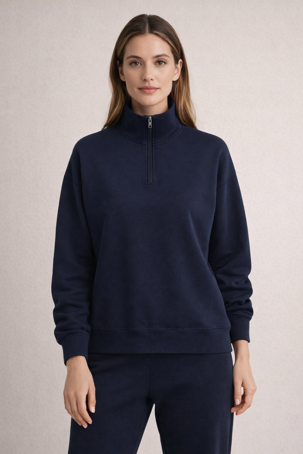Woman wearing Deep Navy Aspen Luxe Half-Zip Hoodie