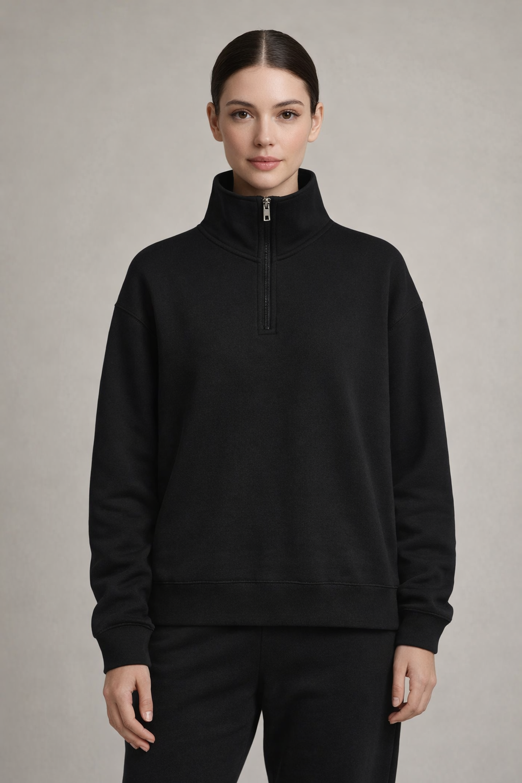 Woman wearing Midnight Black Aspen Luxe Half-Zip Hoodie