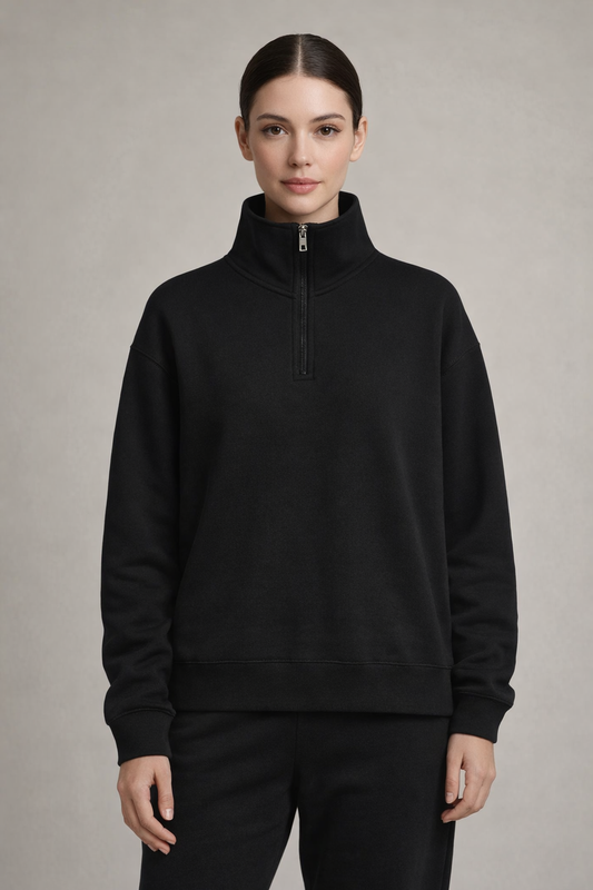 Woman wearing Midnight Black Aspen Luxe Half-Zip Hoodie