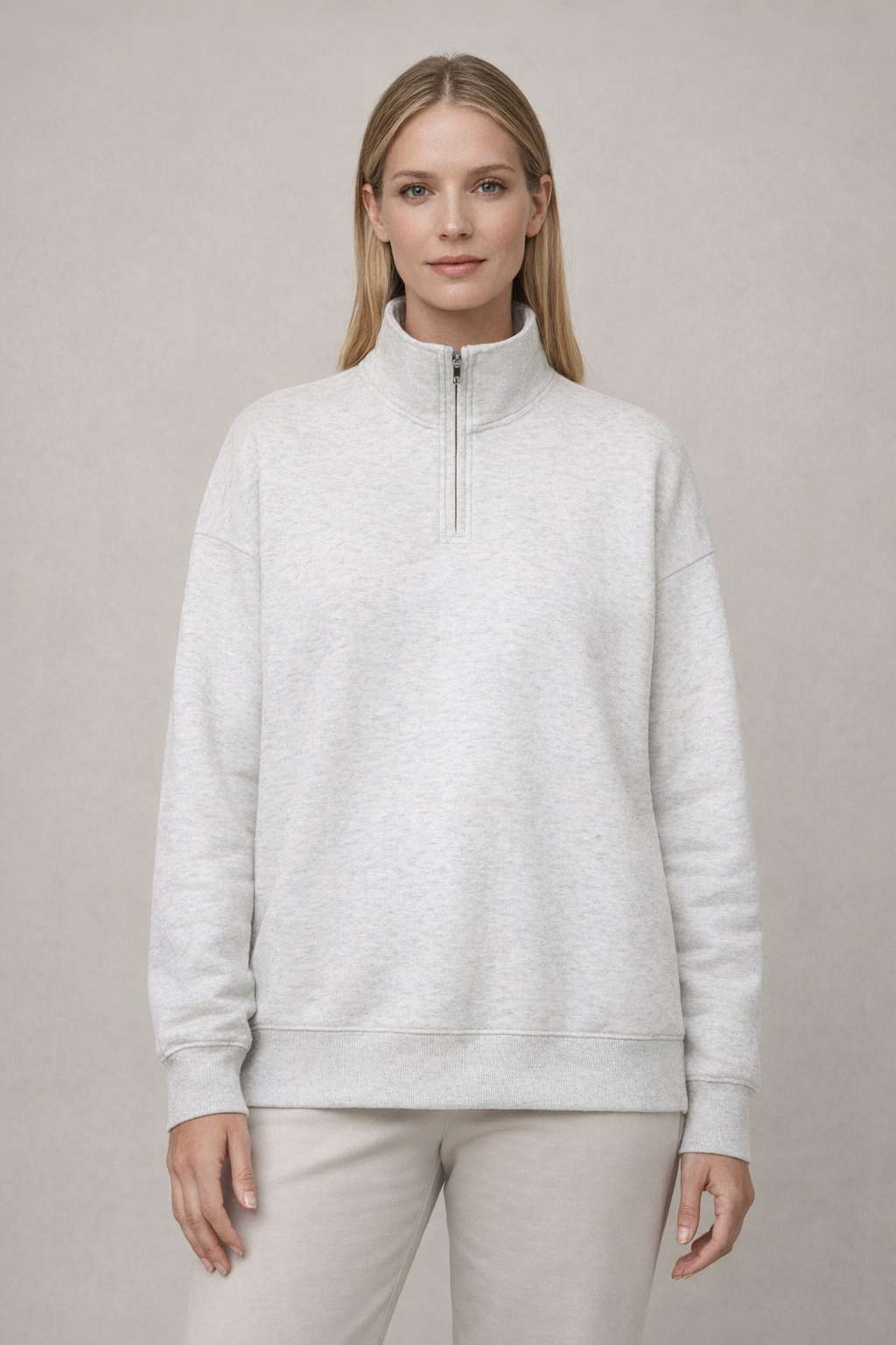 Woman wearing Snow Gray Aspen Luxe Half-Zip Hoodie
