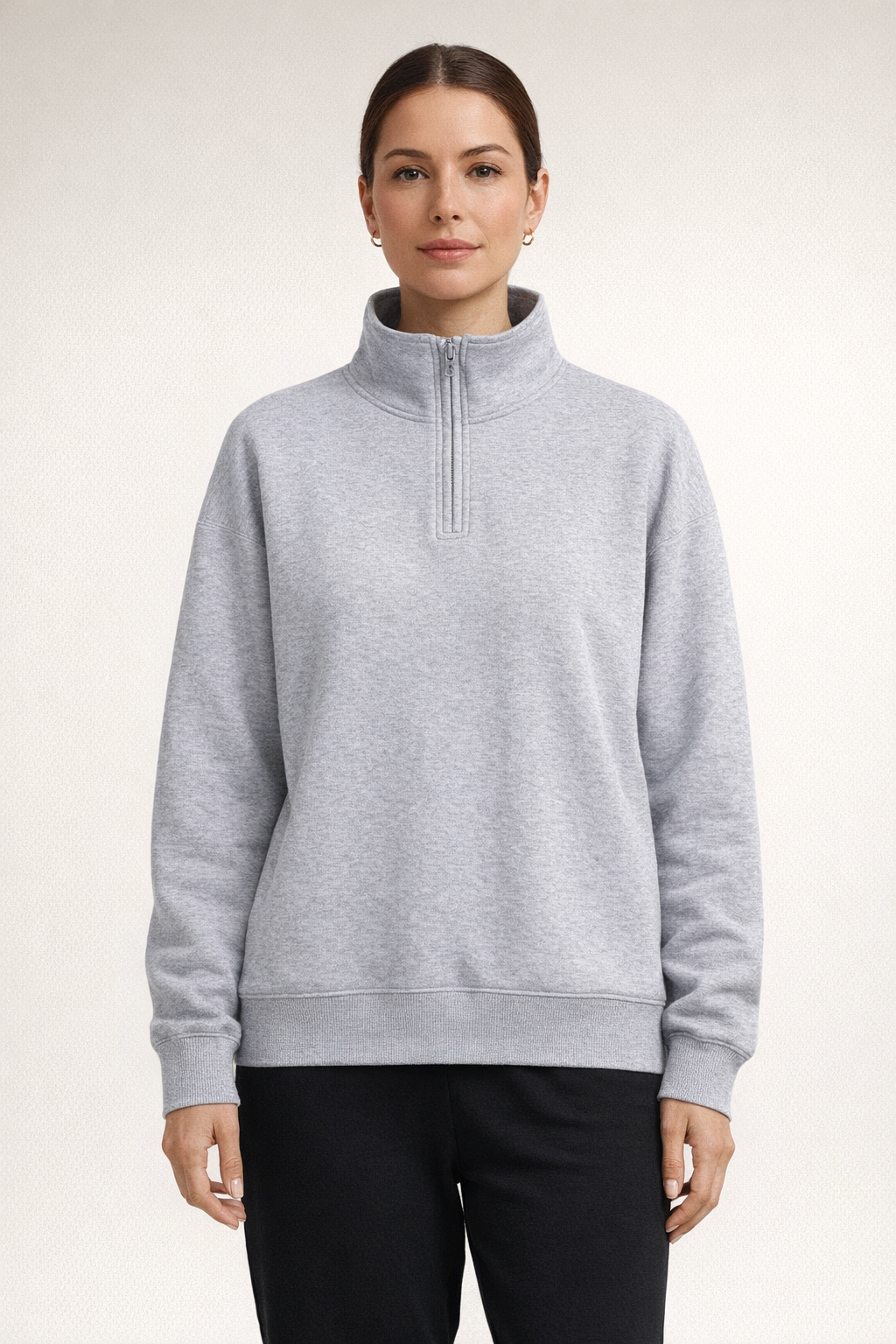 Woman wearing Stone Heather Aspen Luxe Half-Zip Hoodie