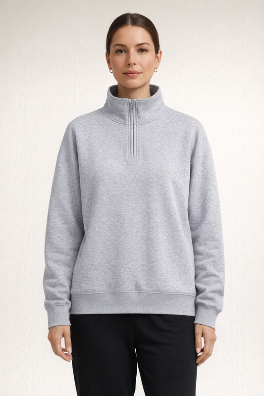 Woman wearing Stone Heather Aspen Luxe Half-Zip Hoodie