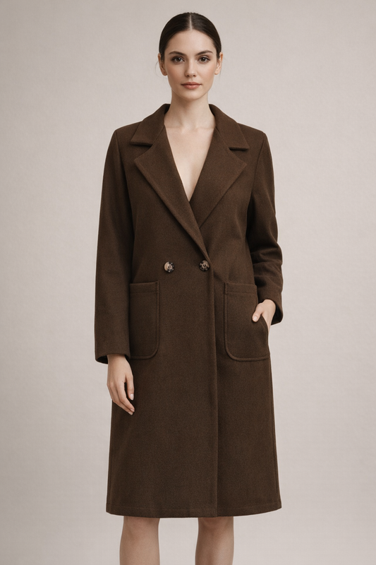 Woman wearing Dark Brown Heritage Wool Button Coat