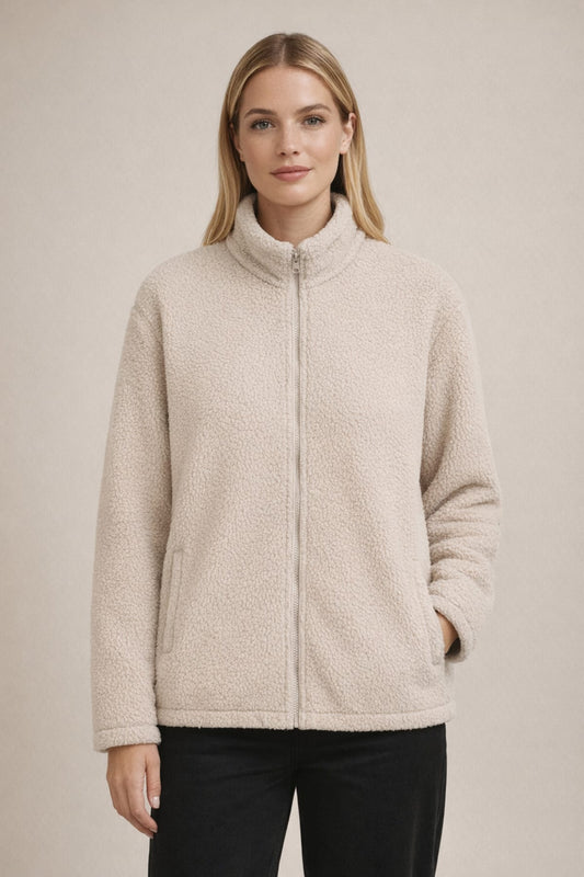 Woman wearing Oatmeal Alpine Sherpa Fleece Jacket