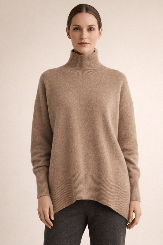 Woman wearing Camel Heritage Cashmere Turtleneck